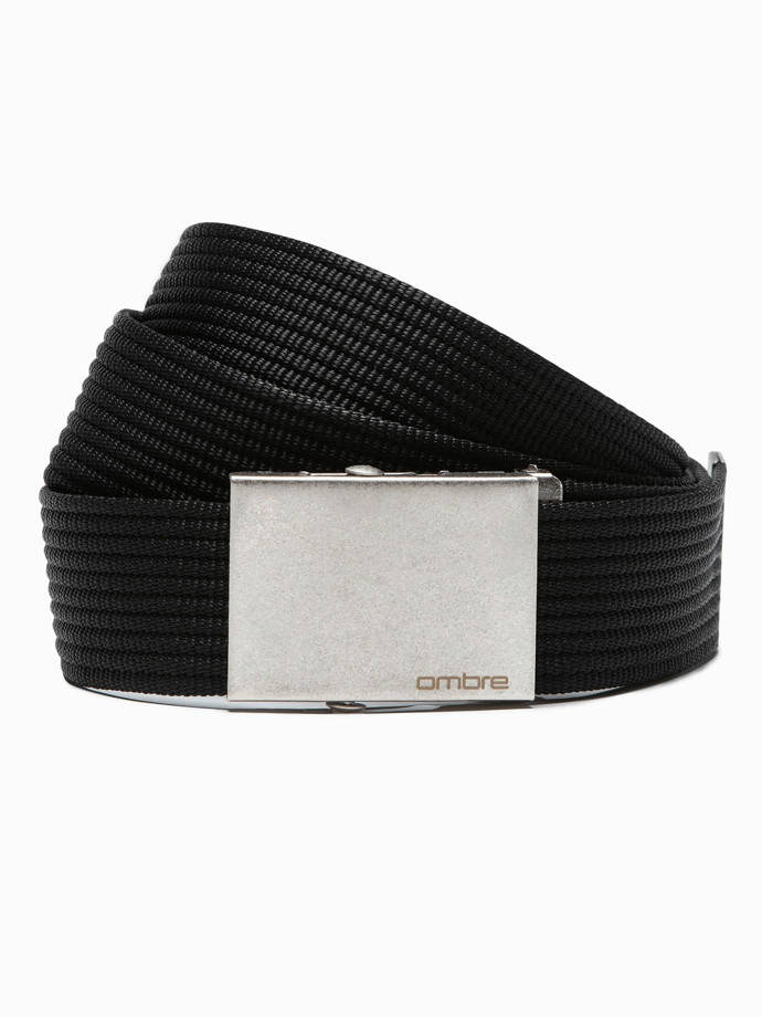 Men's belt with steamed buckle in aged silver - black A029