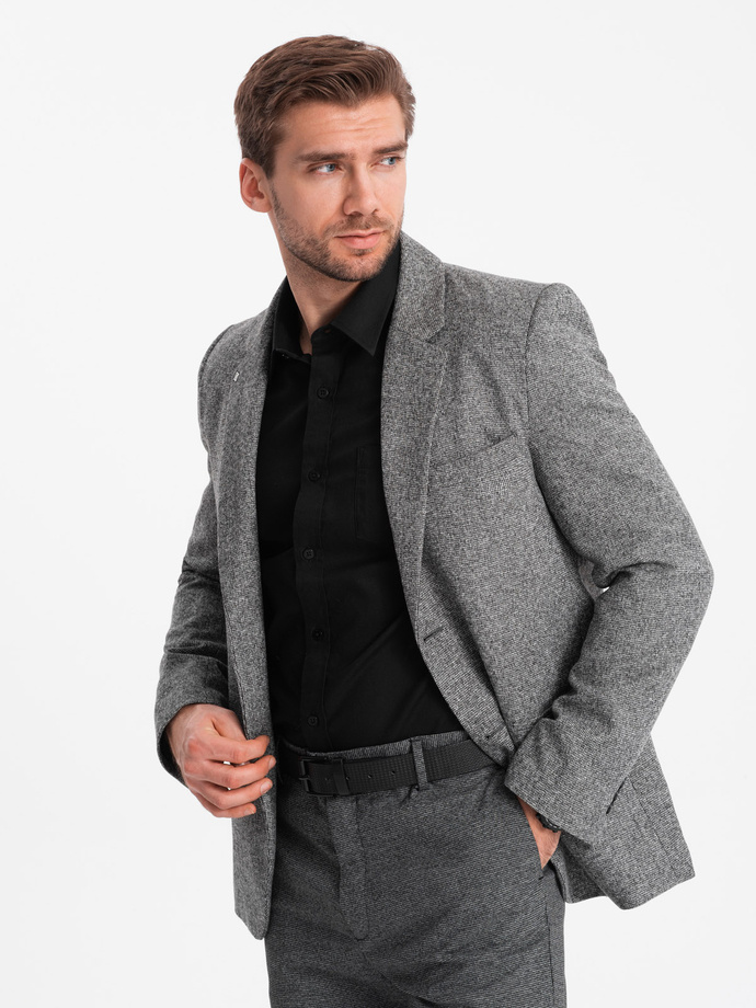 Men's casual blazer with decorative pin on lapel - grey melange V1 OM-BLZB-0120