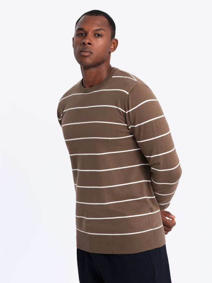 Men's casual sweater with horizontal stripes - brown V3 OM-SWSW-0143