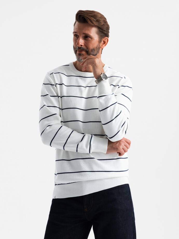 Men's casual sweater with horizontal stripes - cream V2 OM-SWSW-0143