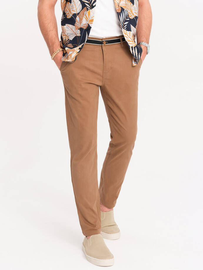 Men's chino pants with decorative waistband - brown V4 OM-PACP-0118