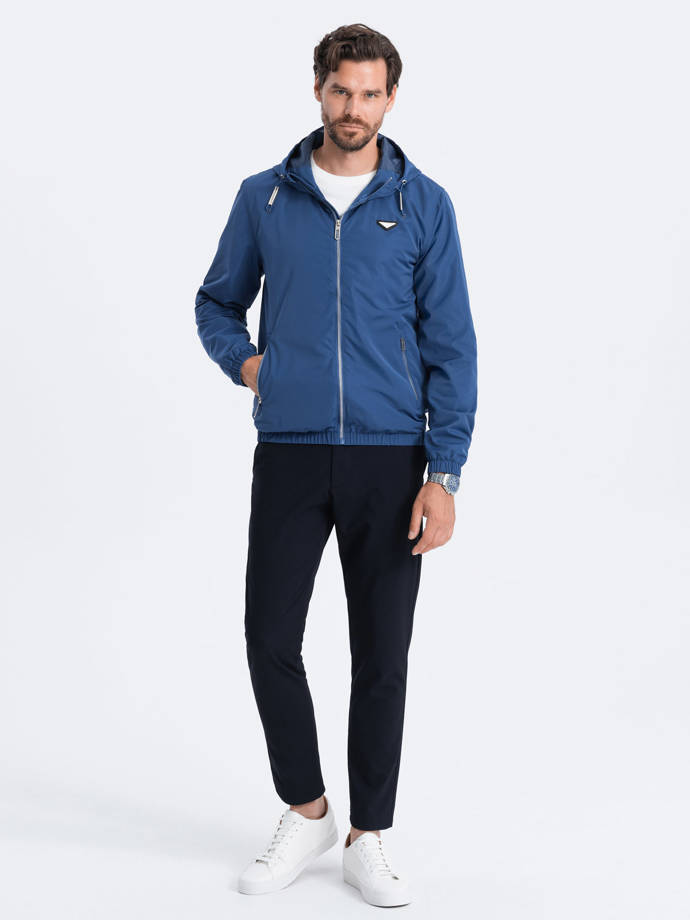 Men's classic cut hooded windbreaker jacket - dark blue V3 OM-JANP-22FW-006