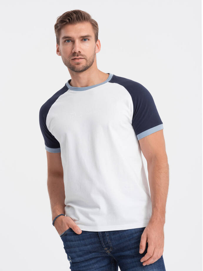 Men's cotton reglan t-shirt - white and navy blue V6 S1623