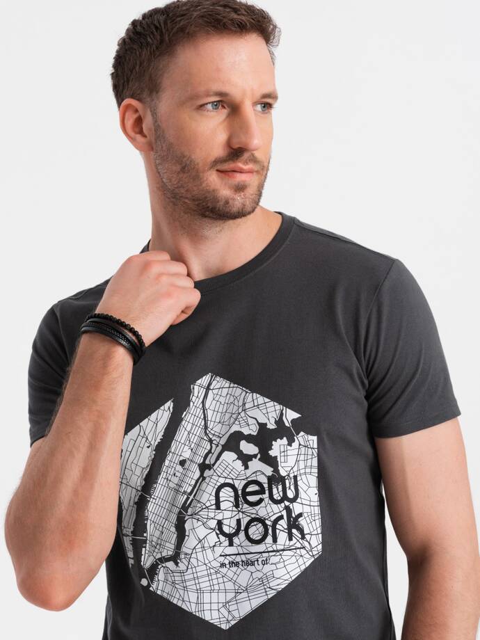 Men's cotton t-shirt with map motif print - graphite V1 OM-TSPT-0169