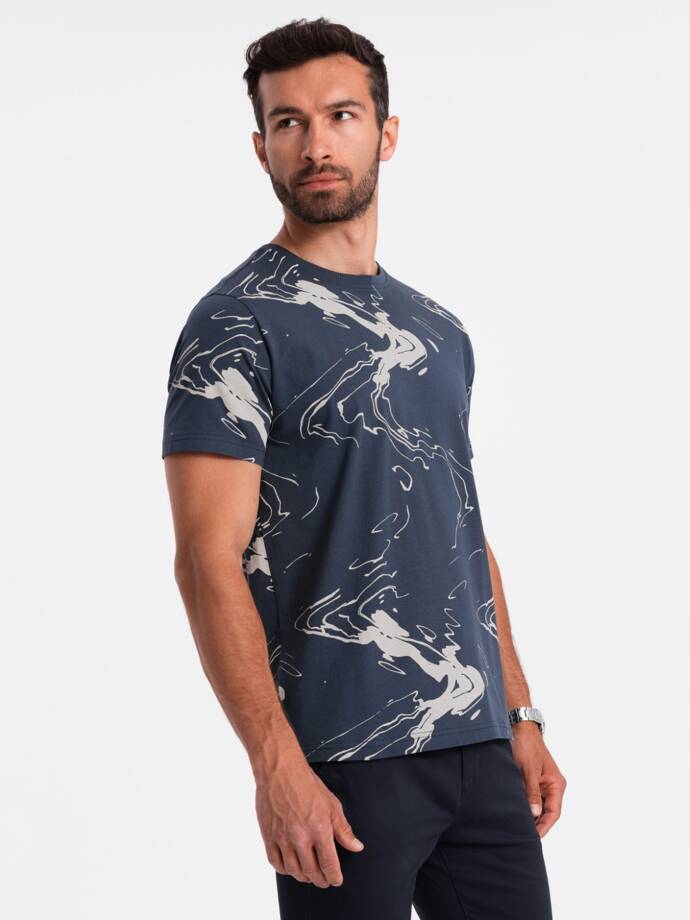 Men's cotton t-shirt with patterns - navy blue V1 OM-TSFP-0184