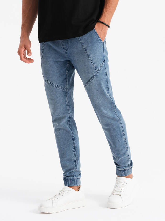 Men's denim joggers with asymmetrical stitching - blue V2 OM-PADJ-0165