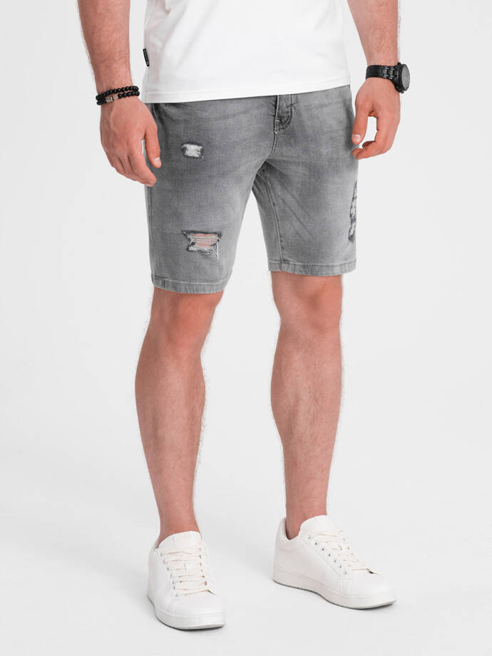 Men's denim short shorts with holes - gray V2 OM-SRDS-0146