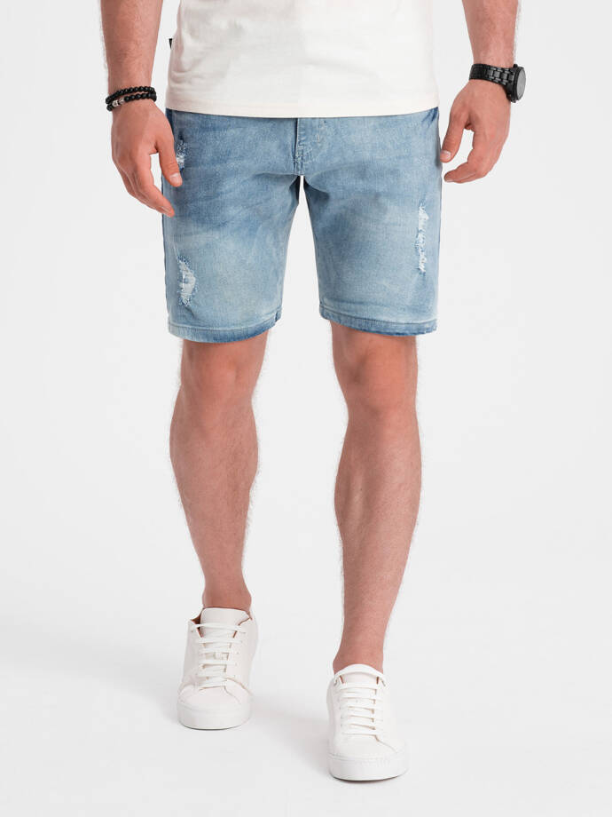 Men's denim short shorts with holes - light blue V1 OM-SRDS-0146