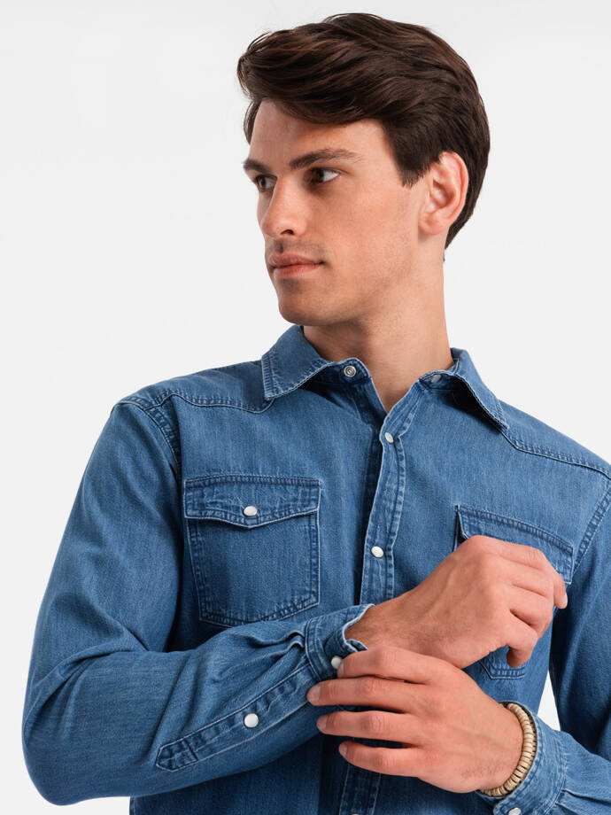 Men's denim snap shirt with pockets - blue V2 OM-SHDS-0115