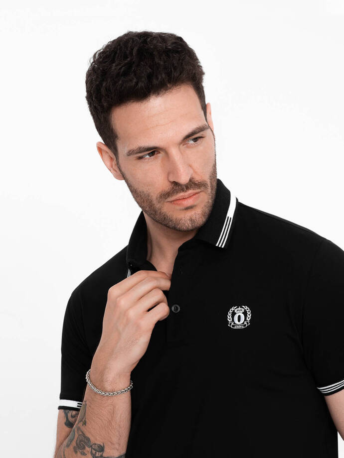 Men's elastane polo shirt with contrasting elements - black V2 OM-POSS-0123