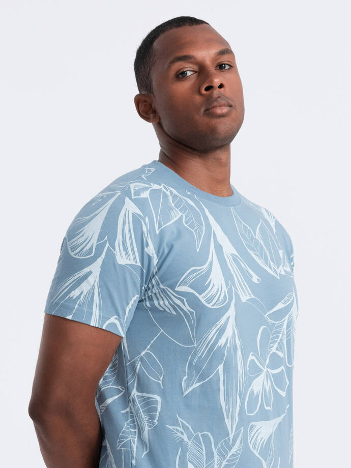 Men's full-print t-shirt with contrasting leaves - blue V2 OM-TSFP-0180