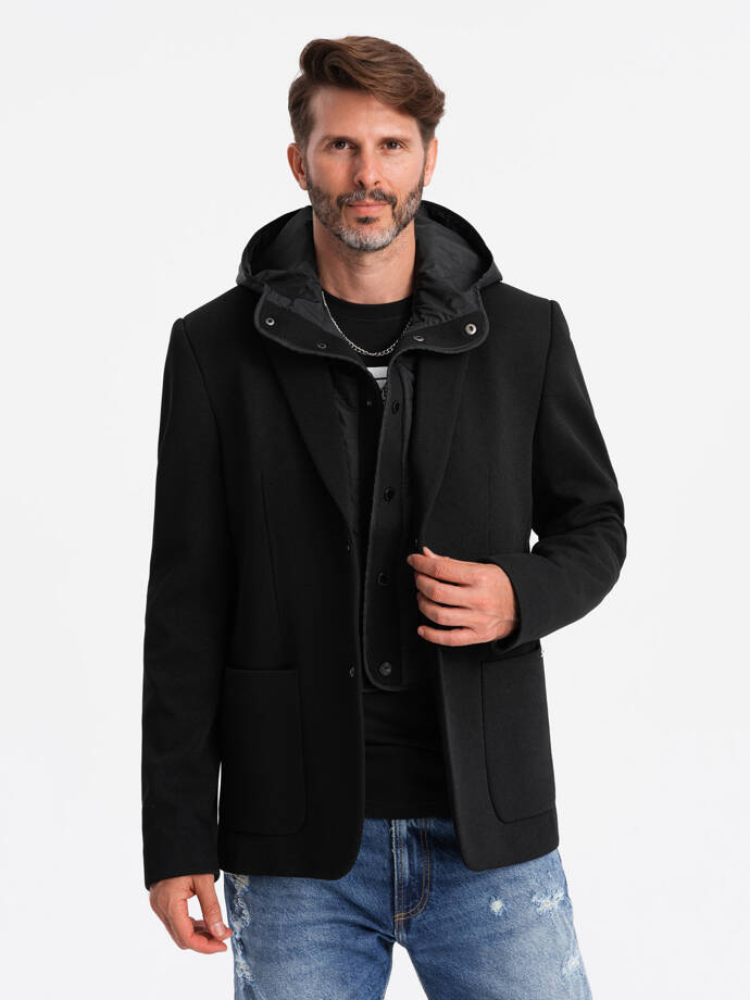 Men's jacket with high collar and hood - black V2 OM-BLZB-0133