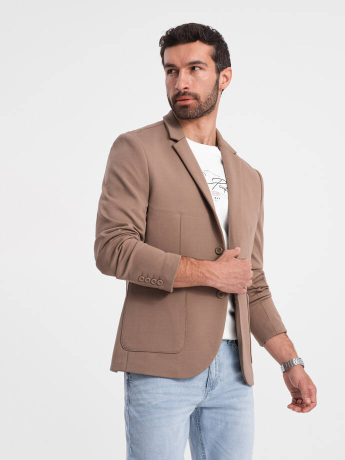 Men's jacket with patch pockets - dark beige V3 OM-BLZB-0127