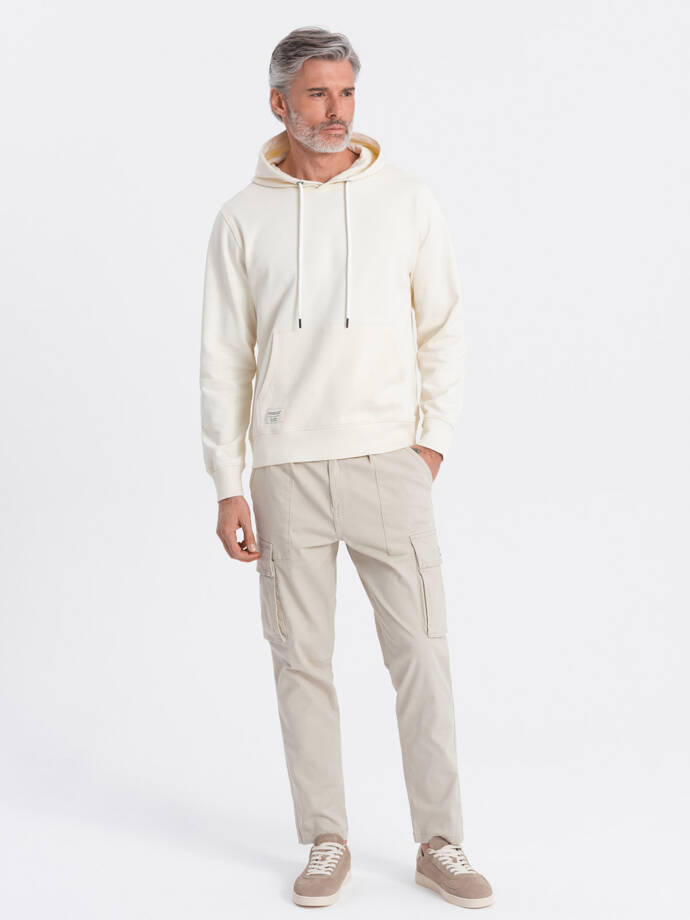 Men's kangaroo hooded sweatshirt - cream V11 OM-SSBN-0177