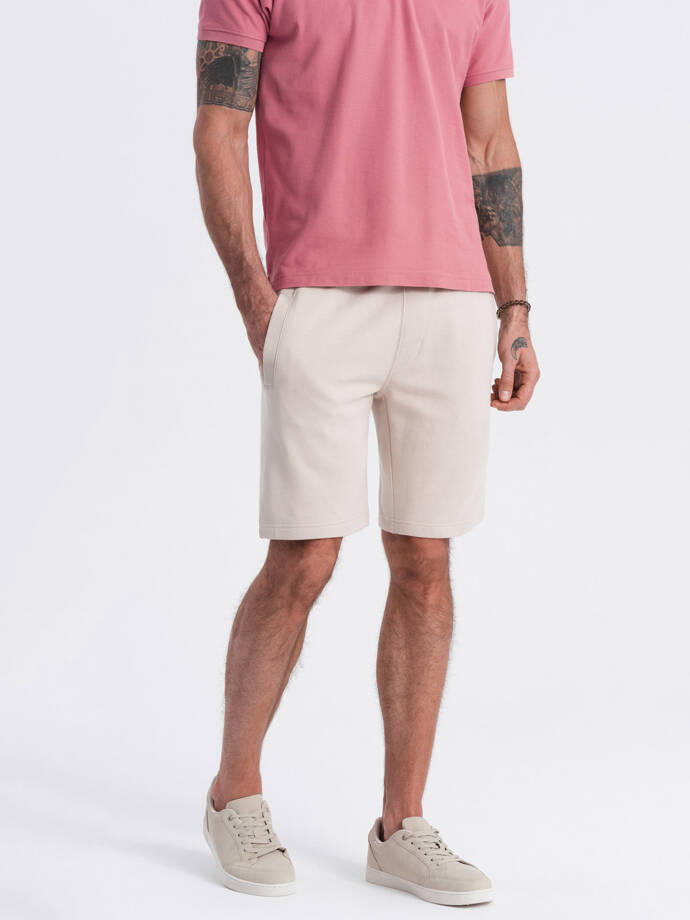 Men's knit shorts with drawstring and pockets - light beige V1 OM-SRBS-0139