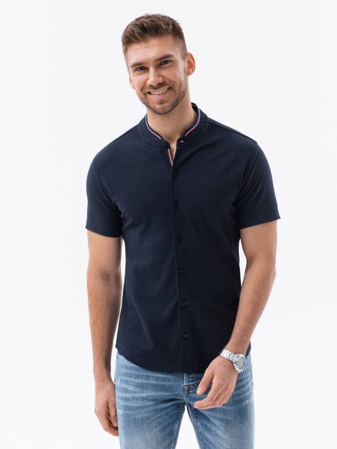 Men's knitted shirt with short sleeves and collared collar - navy blue V2 OM-SHSS-0101