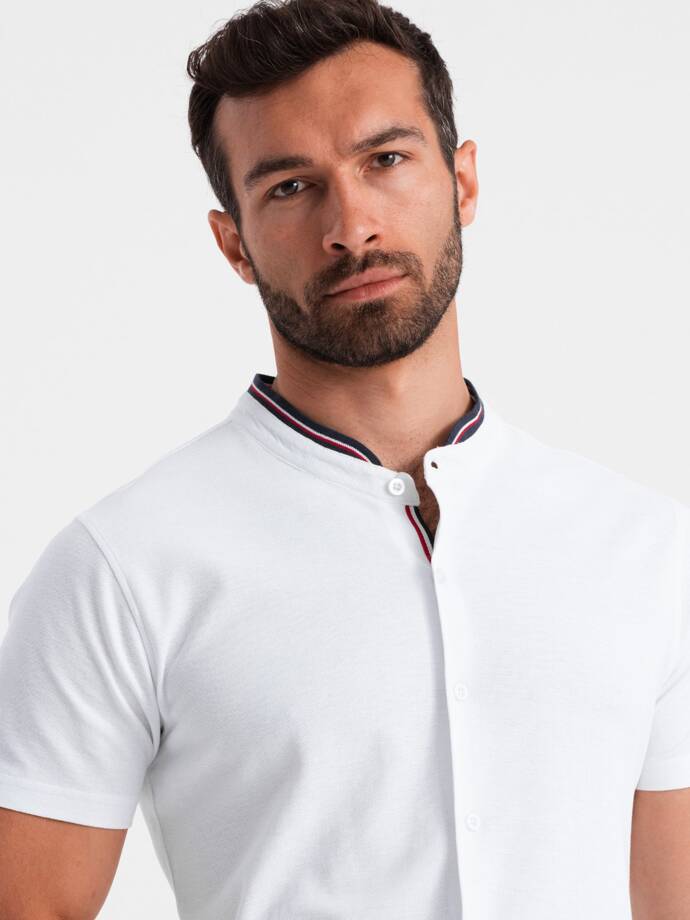 Men's knitted shirt with short sleeves and collared collar - white V1 OM-SHSS-0101