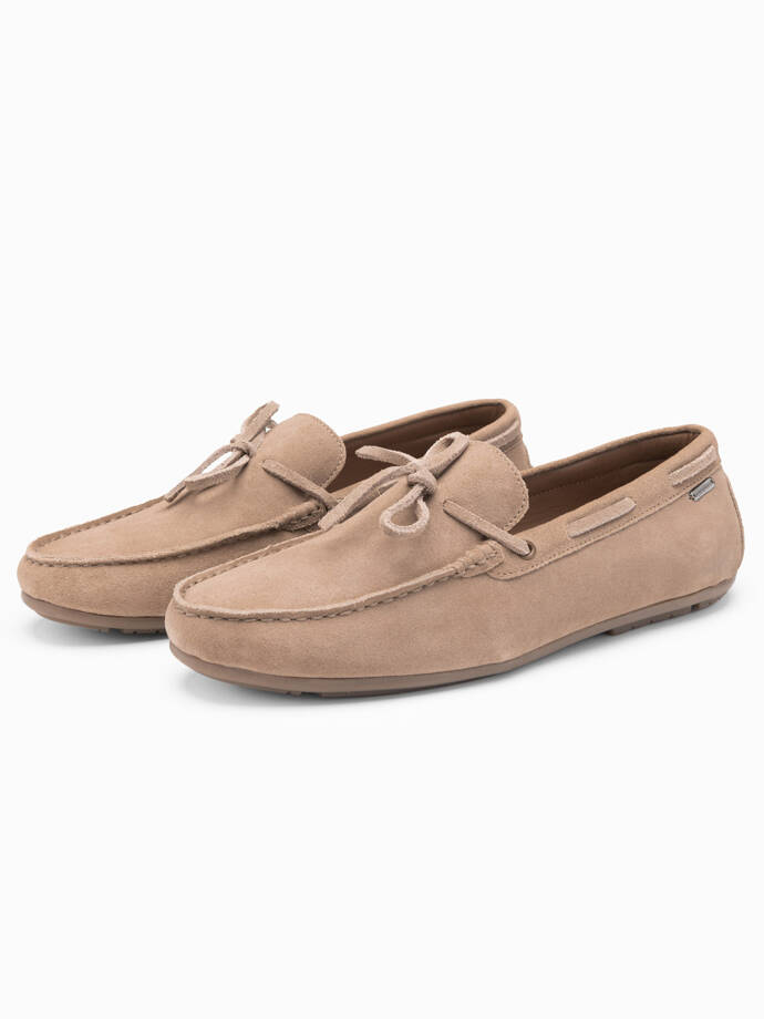 Men's leather moccasin shoes with thong and driver sole - beige V1 OM-FOCS-0150