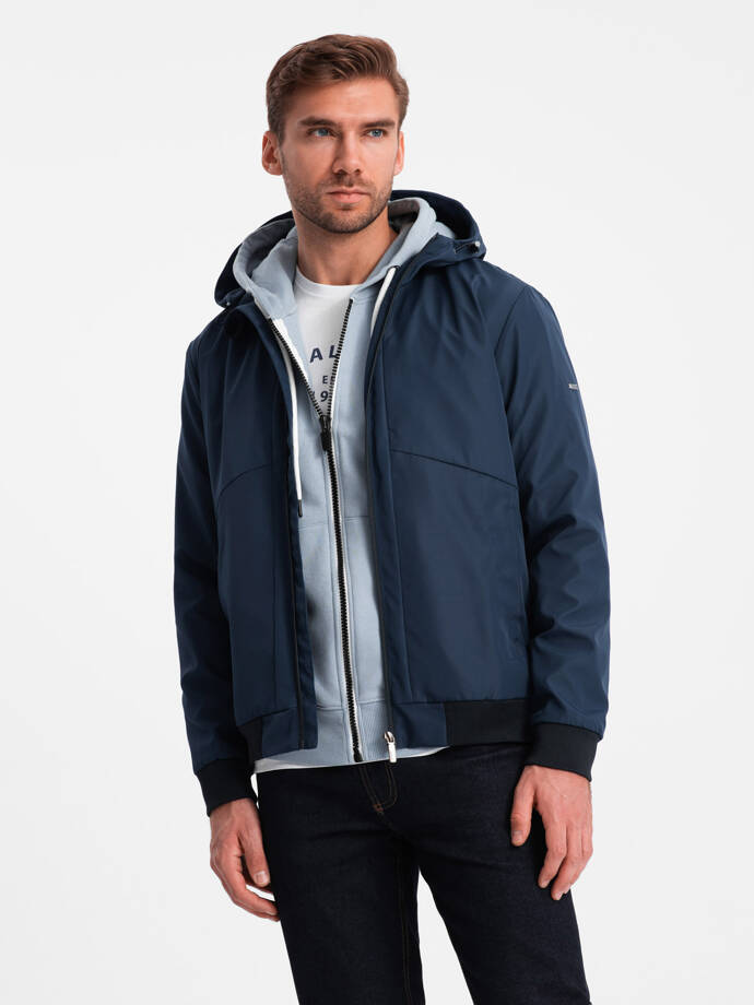 Men's lightweight jacket with hood and mesh lining - navy blue V1 OM-JANP-0149