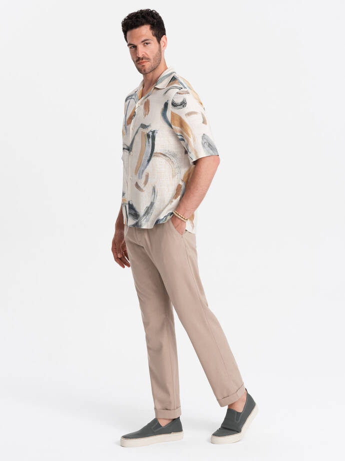 Men's linen blend rolled up chino pants - light brown V3 OM-PACP-0198