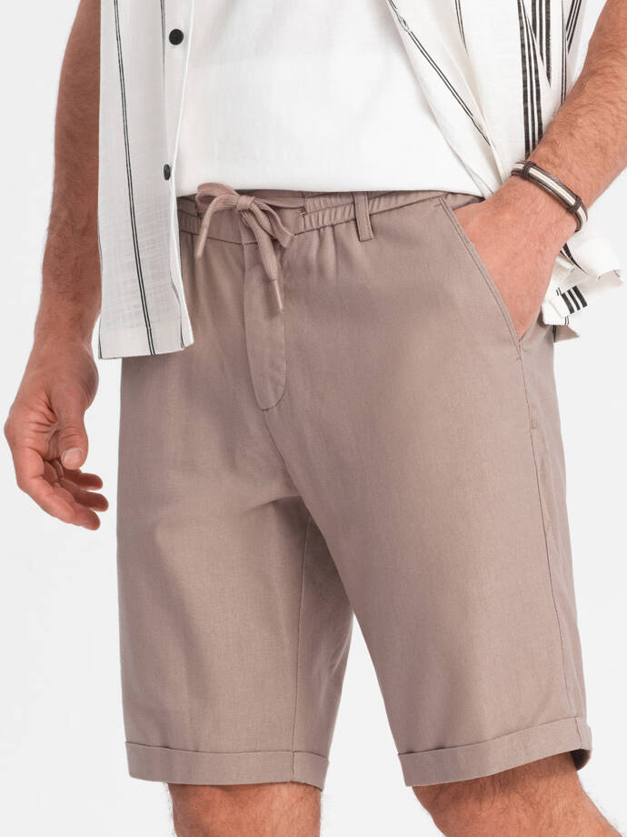 Men's linen blend short shorts - light brown V3 OM-SRCS-0131