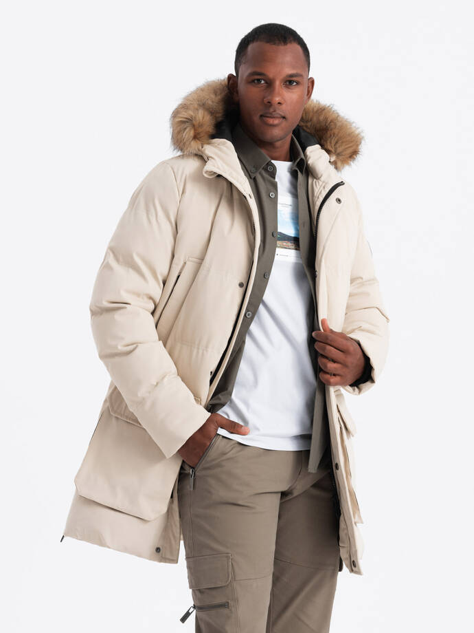 Men's long parka jacket with flared bottom - cream V1 OM-JALJ-0184