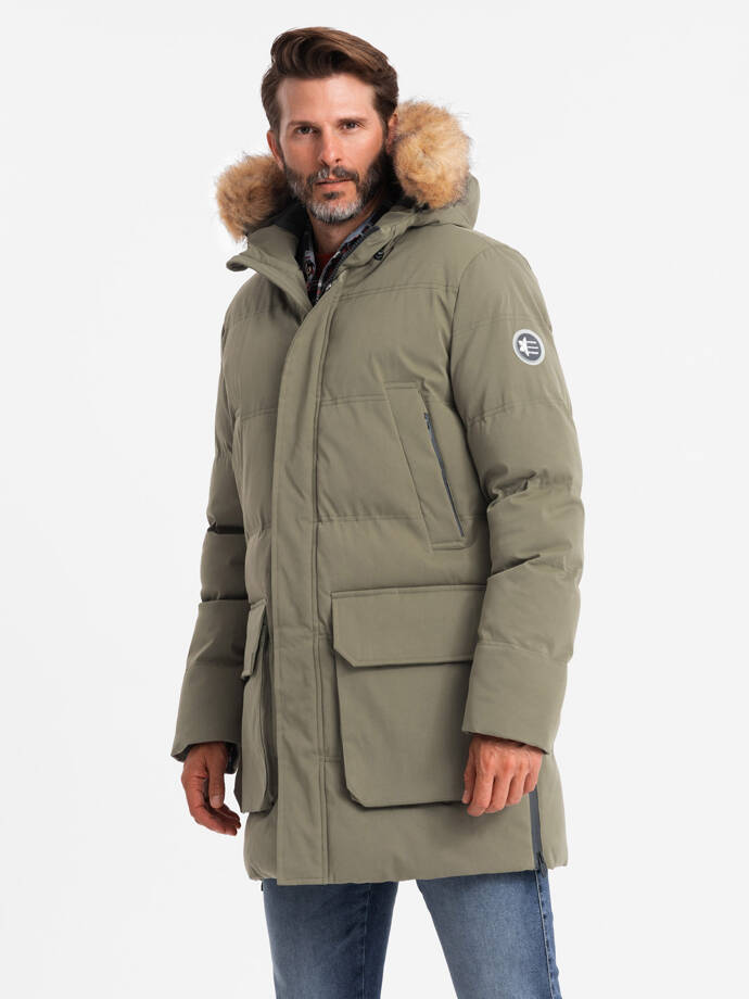 Men's long parka jacket with flared bottom - dark olive green V4 OM-JALJ-0184