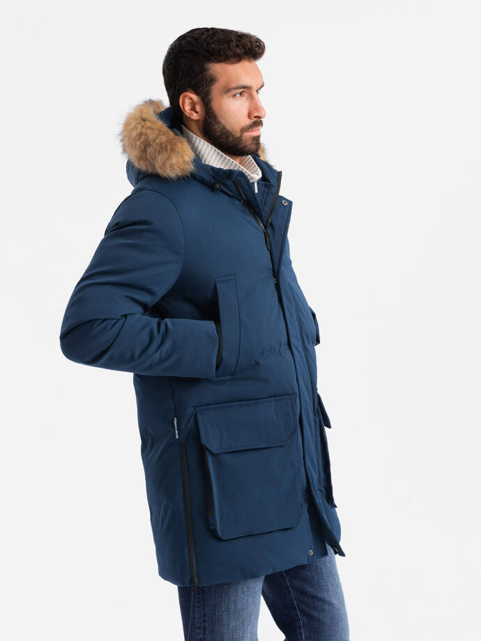 Men's long parka jacket with flared bottom - navy blue V5 OM-JALJ-0184