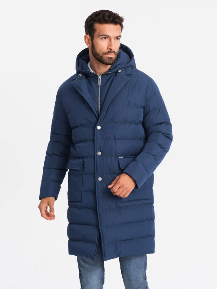 Men's long quilted jacket with lapels and lining - dark blue V1 OM-JALJ-0177