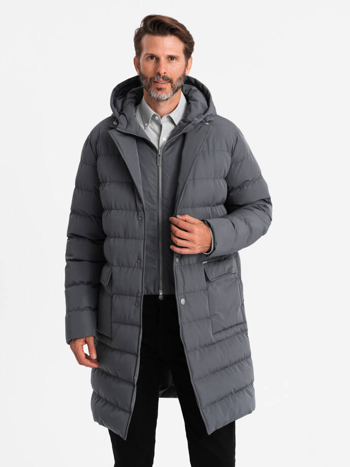 Men's long quilted jacket with lapels and lining - graphite V2 OM-JALJ-0177