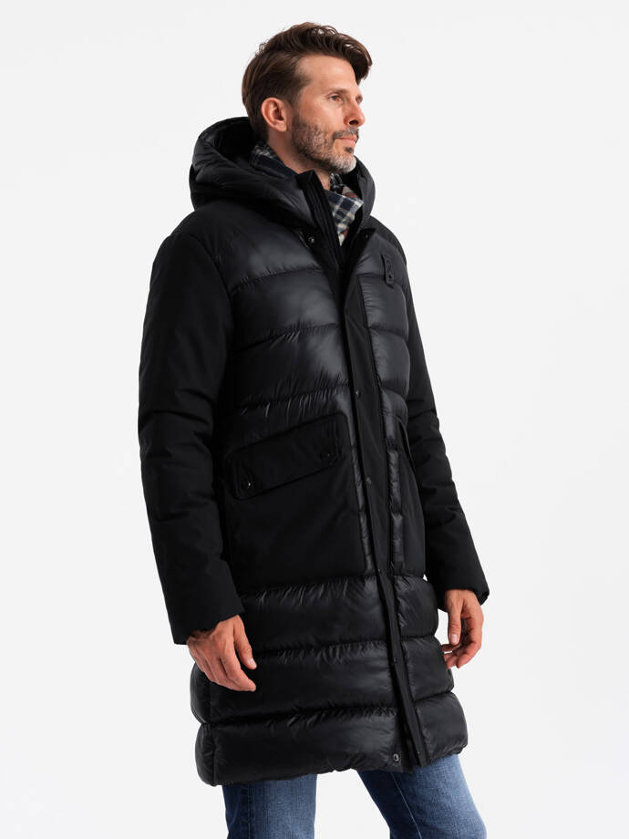 Men's long quilted jacket with large pockets - black V1 OM-JALJ-0165