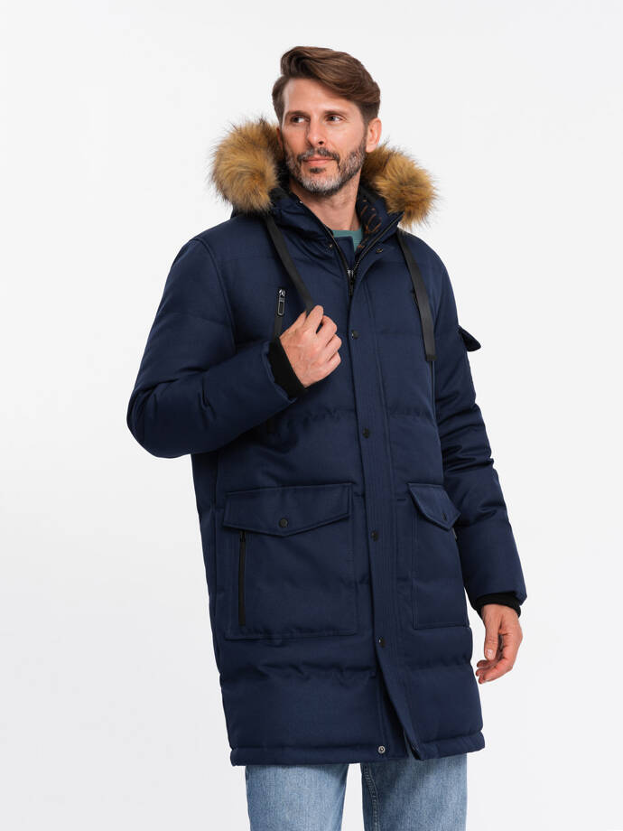 Men's long warm parka hooded jacket - navy blue V1 OM-JALJ-0182