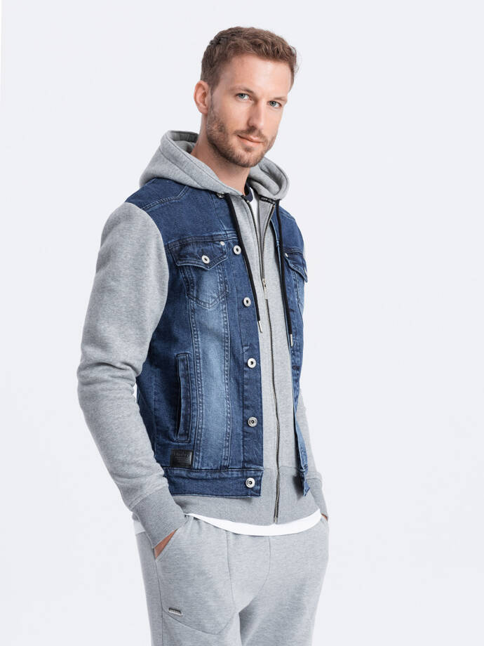 Men's mid-season jeans jacket - denim/grey OM-JADJ-0124