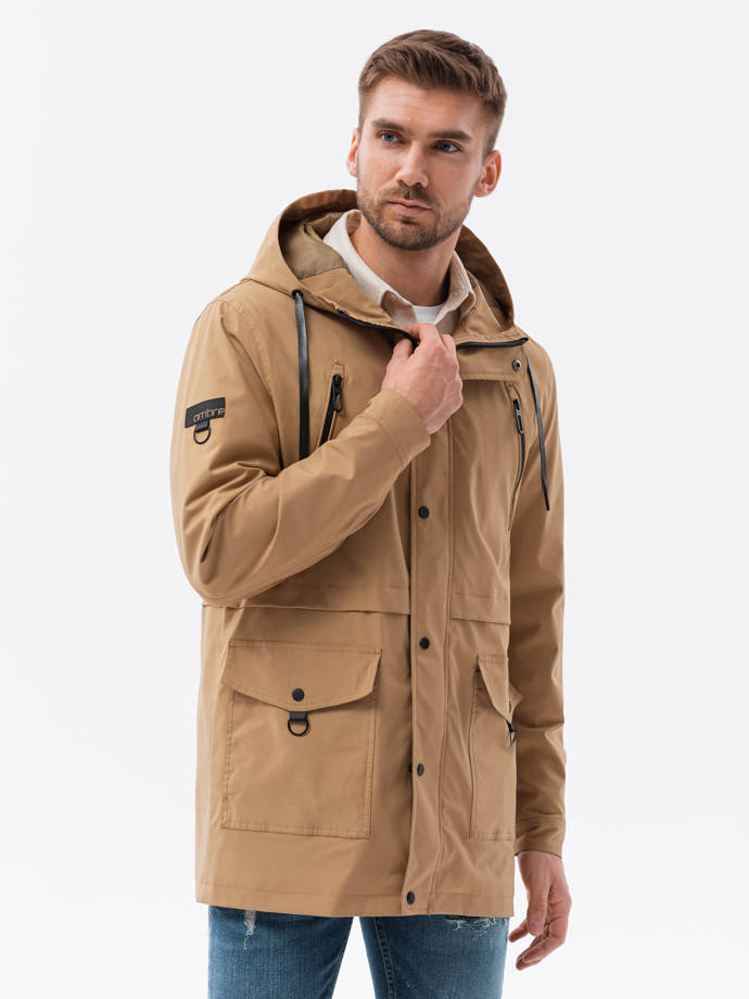 Men's parka jacket with cargo pockets - light brown V2 OM-JANP-22FW-004
