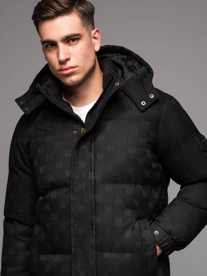 Men's patterned jacquard puffer jacket - black V1 OM-JAHP-0195