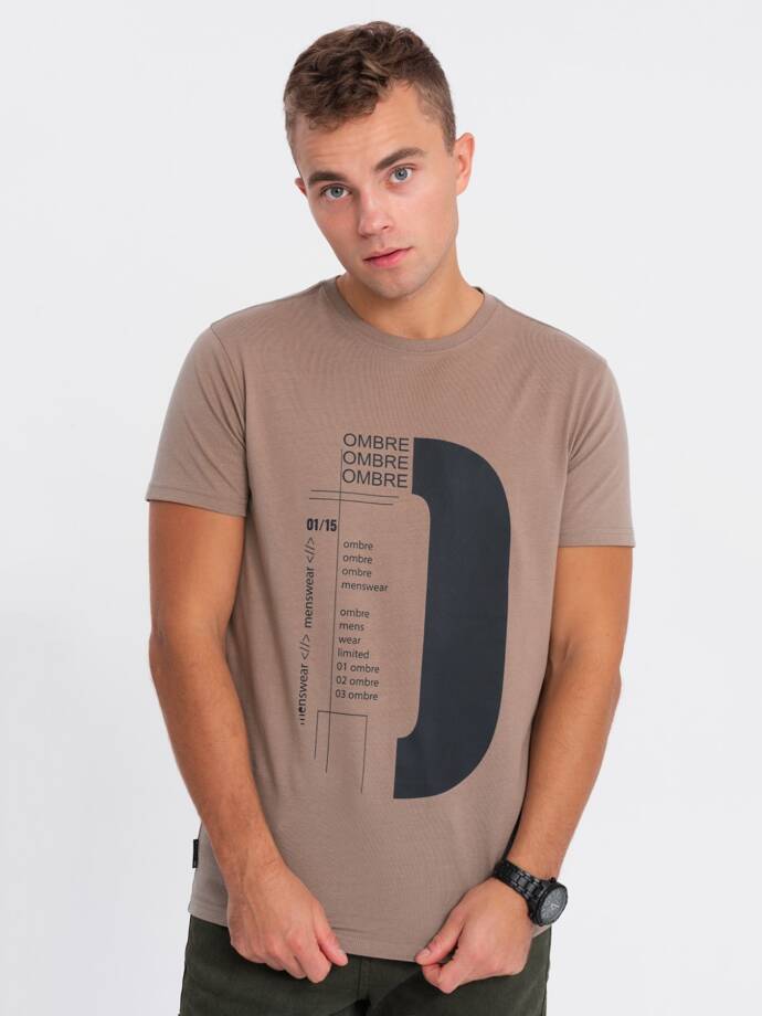 Men's printed cotton t-shirt - light brown V2 OM-TSPT-0166