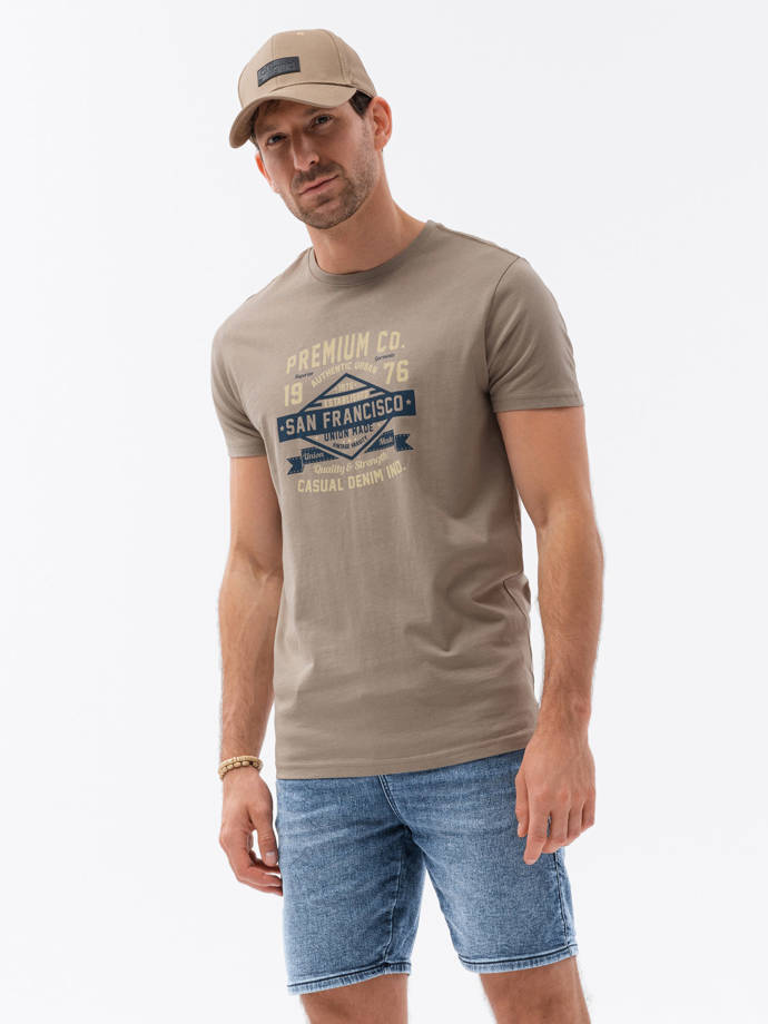 Men's printed cotton t-shirt - light brown V4 S1732
