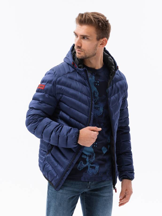 Men's quilted jacket with satin finish - dark blue V11 OM-JALP-0121