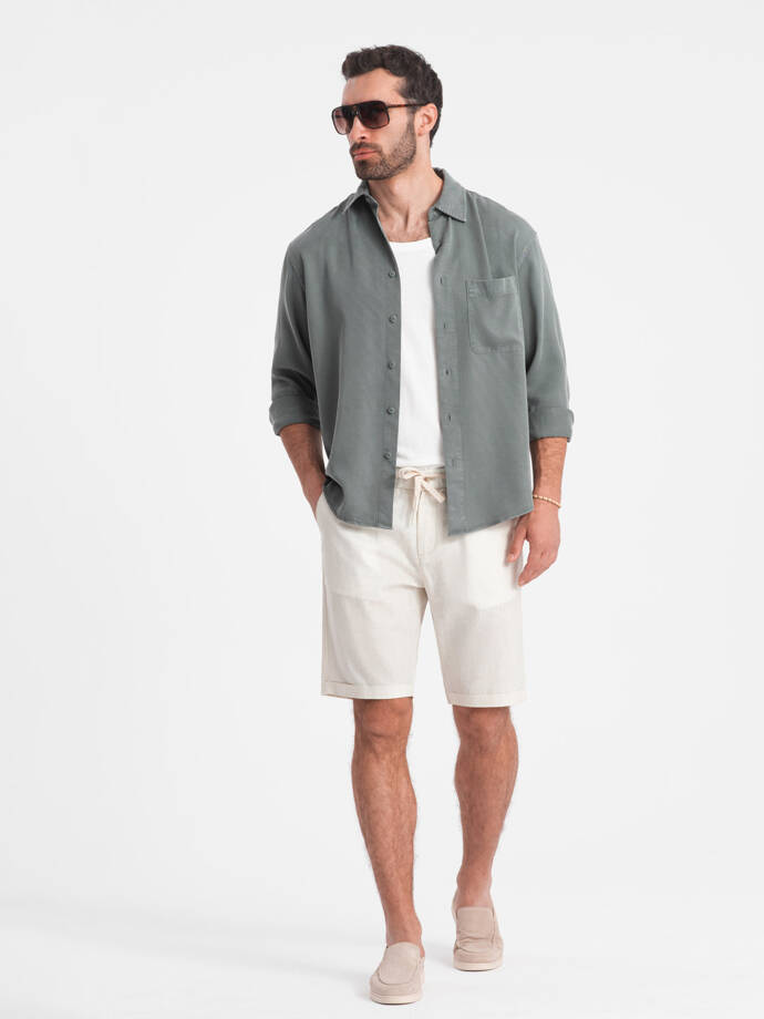 Men's short shorts with linen - cream V2 OM-SRCS-0131