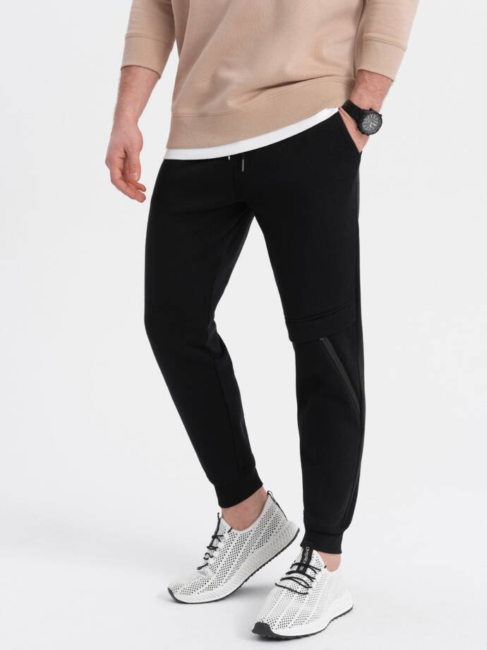 Men's sweatpants with stitching and zipper on leg - black V1 OM-PASK-0147