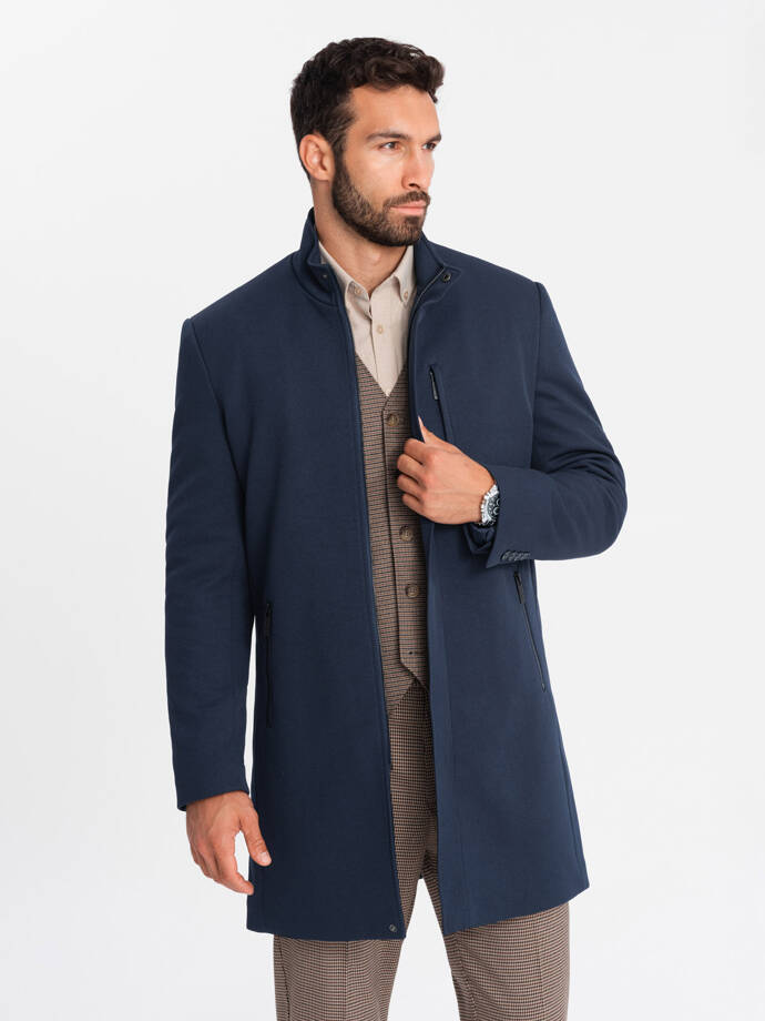 Men's tailored structured coat with high collar - navy blue V2 OM-COWC-0117