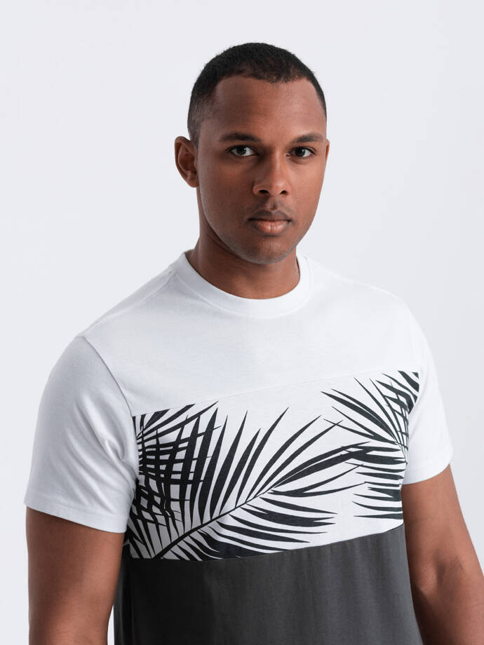 Men's two-tone t-shirt with palm leaf print - graphite V2 OM-TSPT-0177