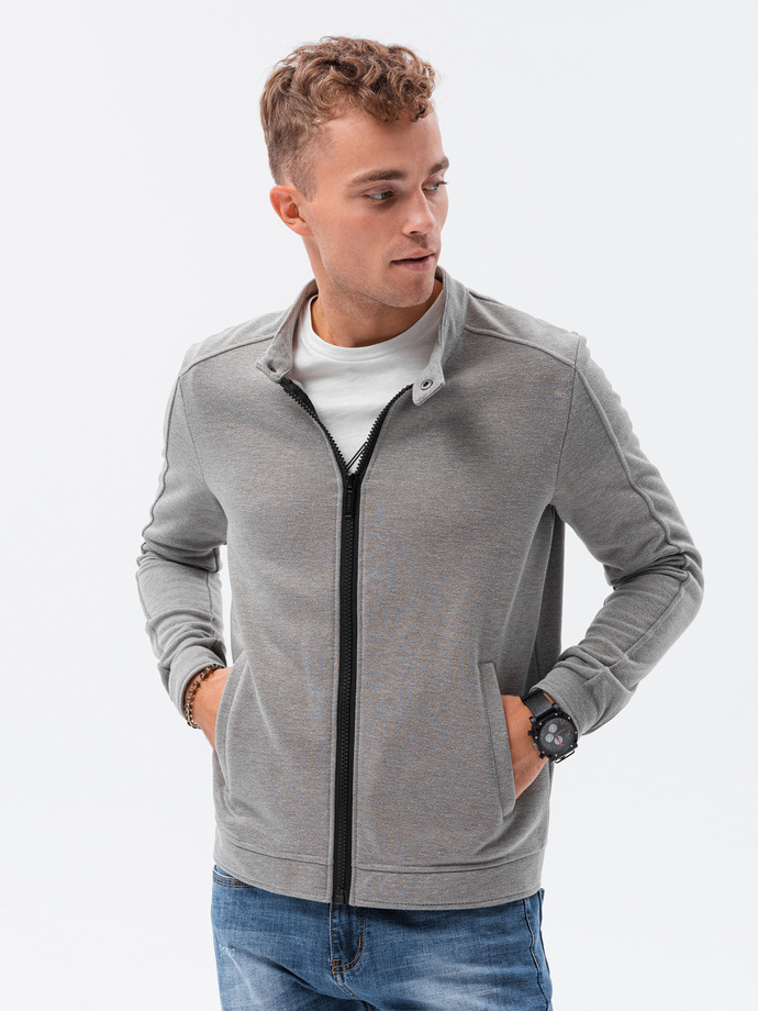 Men's unbuttoned sweatshirt with stand-up collar - grey melange V6 OM-SSZP-22FW-005