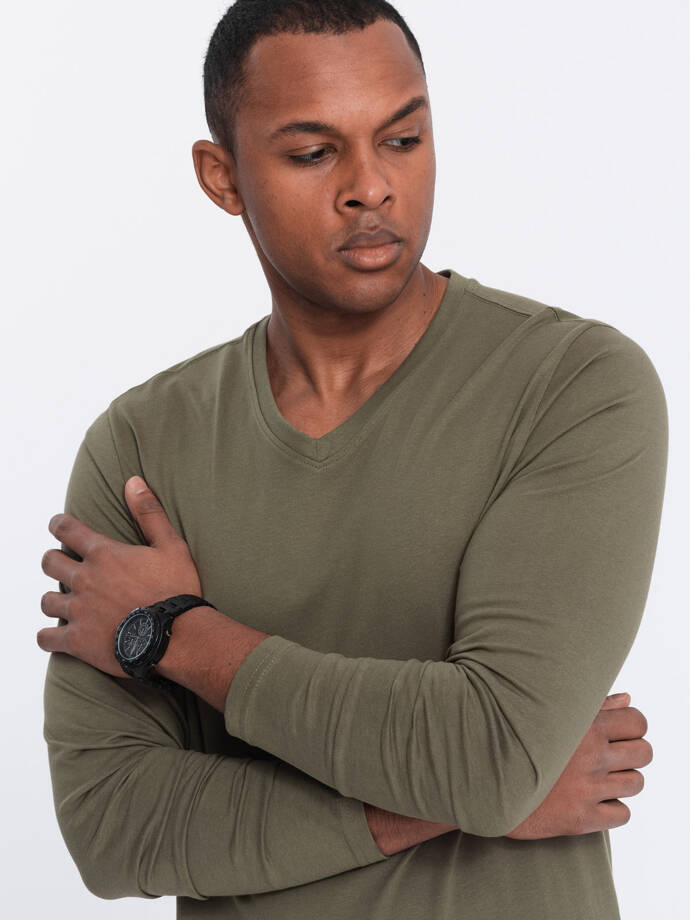 Men's unprinted longsleeve with v-neck - dark olive V2 OM-LSBL-0108