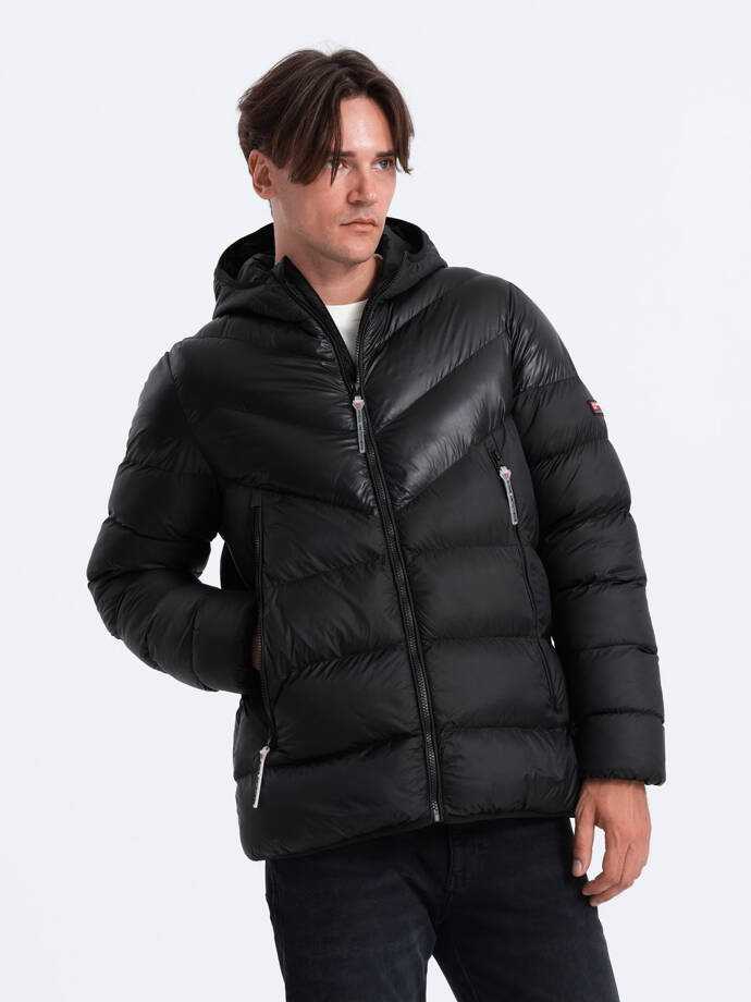 Men's winter quilted jacket of combined materials - black V1 OM-JAHP-0145