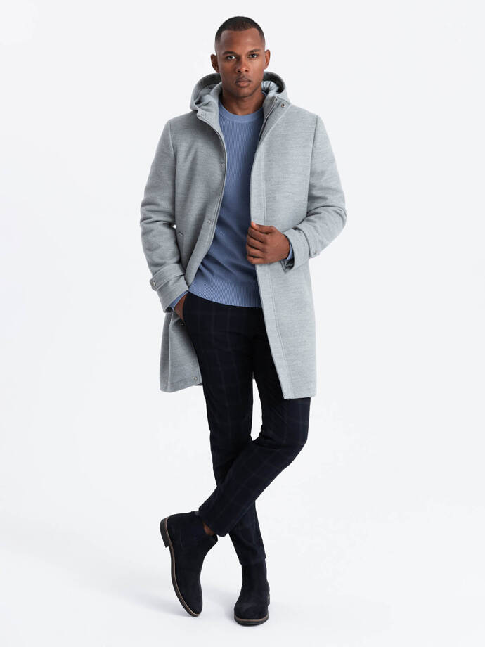 Monochrome long men's hooded coat - grey melange V1 OM-COWC-22FW-005