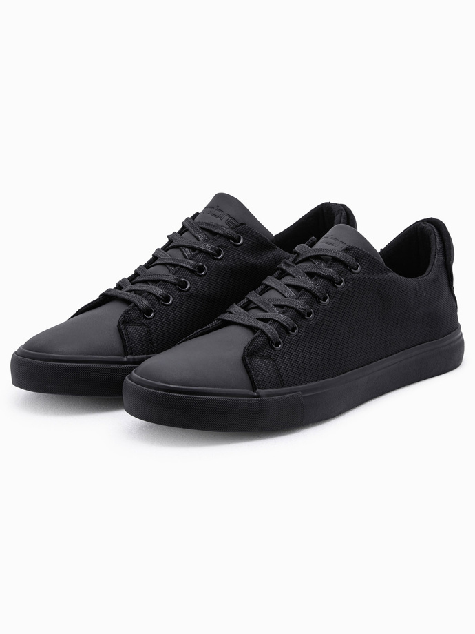 One-color casual men's sneakers with combined materials - black V1 OM-FOCS-0105