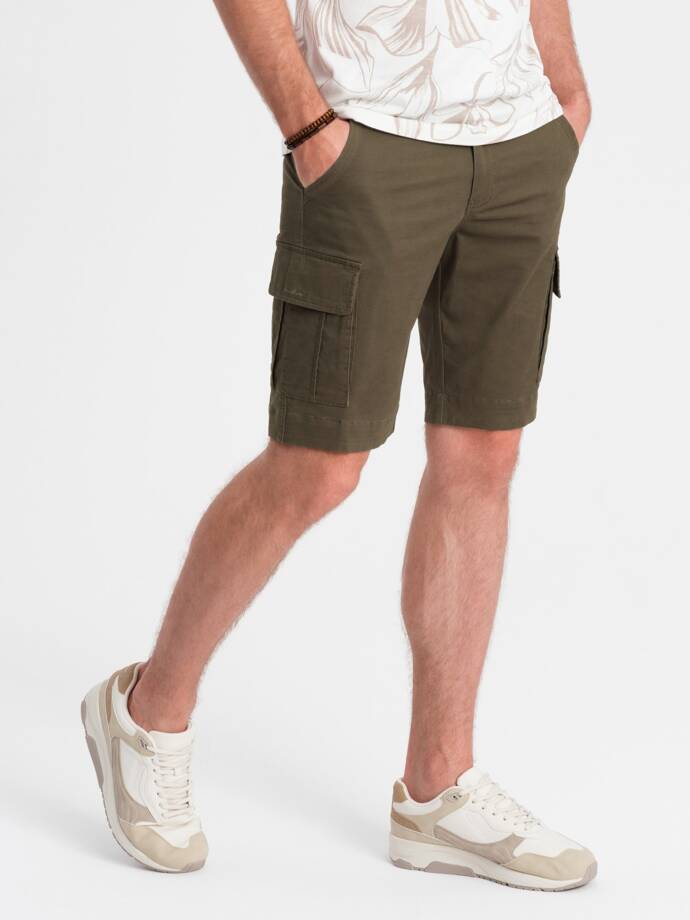 One-color men's shorts with cargo pockets - dark olive V2 OM-SRCG-0133