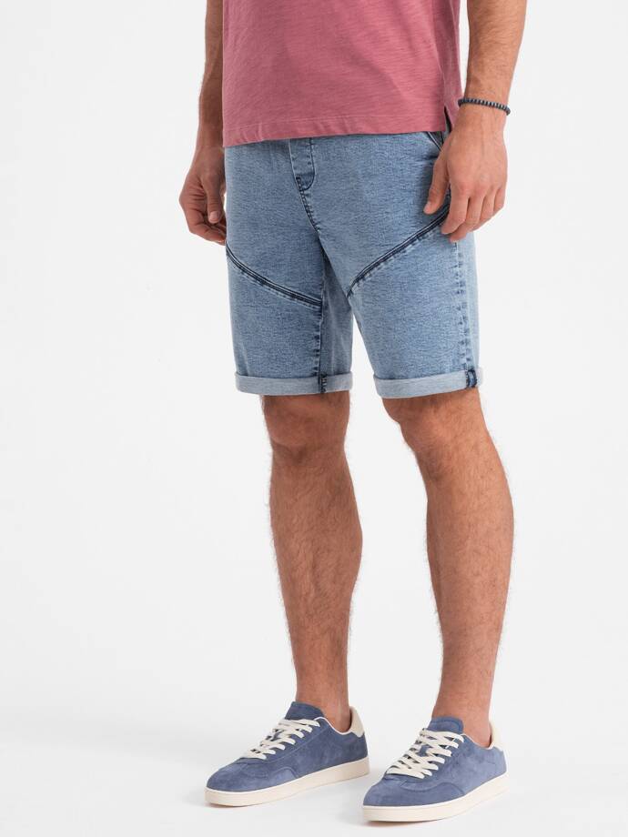 Turn-up denim men's short shorts with stitching - light blue V1 OM-SRDS-0101