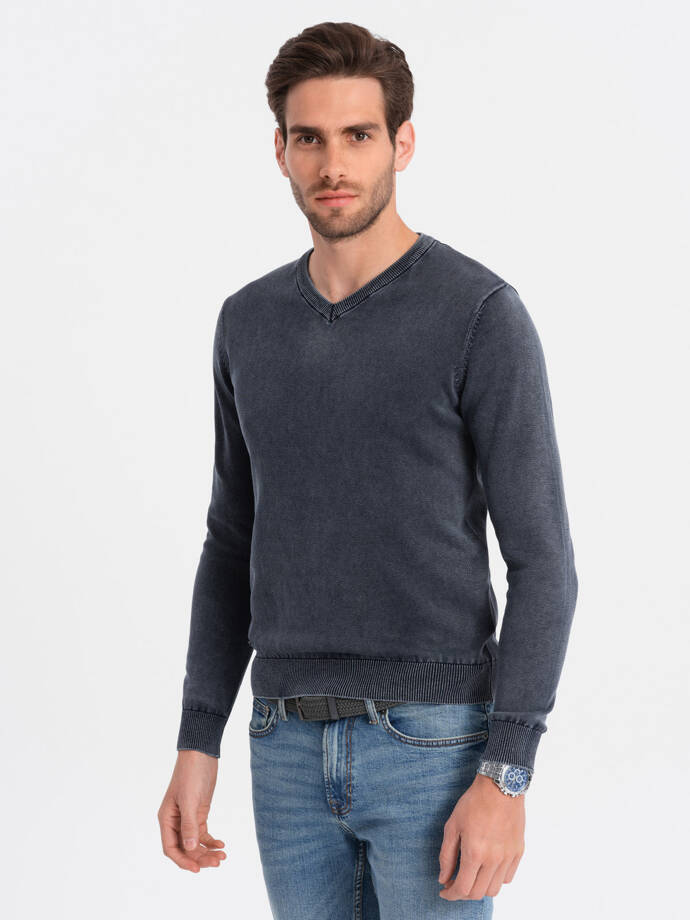 Washed men's sweater with v-neck - navy blue V2 OM-SWOS-0108